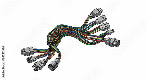 A bundle of colorful wires with multiple connectors, neatly organized with ties