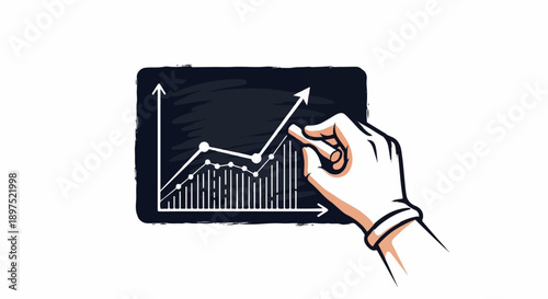 A hand draws a rising line graph with bars on a chalkboard, illustrating growth