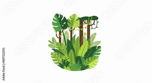 Lush green jungle scene with tropical plants and trees