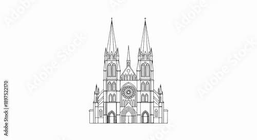 A gothic cathedral with twin spires, a rose window, and arched entrances