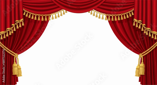 Ornate red theater curtains with golden tassels frame a blank stage for performance