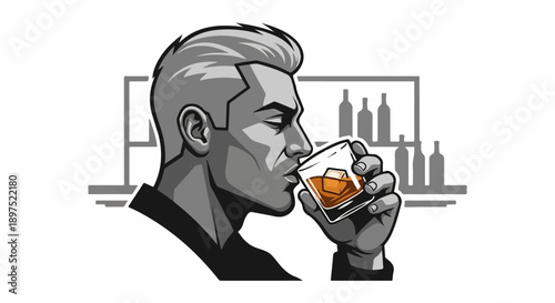 Stylish man enjoys a drink at a bar with bottles on the shelf in the background