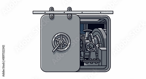 A heavy, partially open vault door reveals complex, industrial machinery within