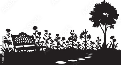Enchanting garden scene with a bench, flowers, and a stepping stone path, silhouette