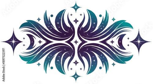 Symmetrical cosmic swirls with stars and crescent moons, gradients of deep purple to teal