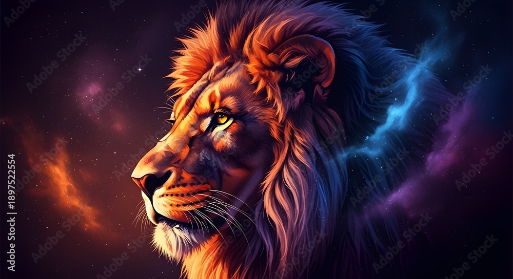 Fototapeta premium Majestic lion portrait with fiery and cosmic background regal animal photography