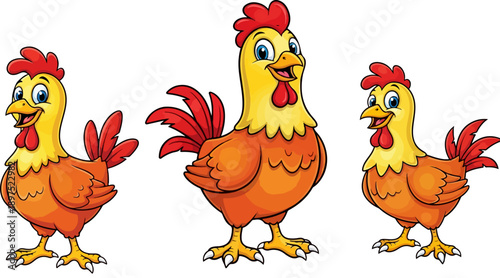 Three cheerful cartoon roosters displaying vibrant orange and yellow plumage with bright red combs standing together in a charming farm animal illustration.