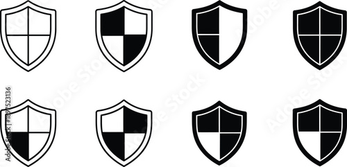 Collection of black and white shield icons in various designs.