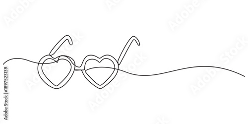 Single continuous line drawing glasses in shape hearts. Valentine's Day and love. Fashion and style, party accessories. Swirl curl style. Dynamic one line draw graphic design vector ,valentine's day
