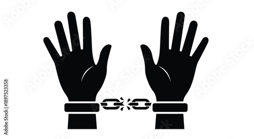 Two hands silhouetted are shackled together by a broken chain