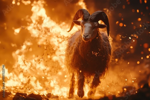 Ram amid blazing fire and embers in a dramatic, fiery landscape with smoke and intensity
