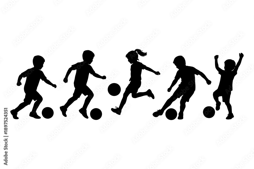 Fototapeta premium Silhouette of diverse children playing soccer together in action poses.