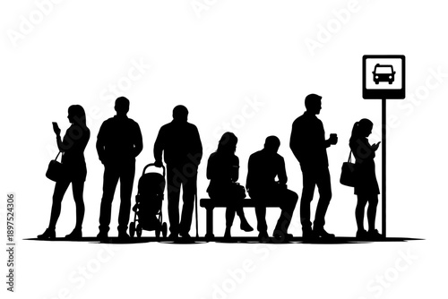 Silhouette of diverse adults at bus stop with mobile devices and stroller.