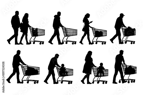 Silhouettes of people shopping with carts in various activities and poses.