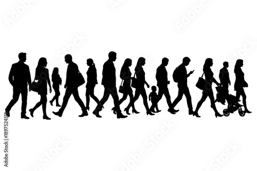 Silhouettes of diverse pedestrians walking in profile on white background.