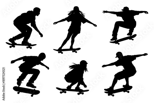Silhouettes of skateboarders in action.