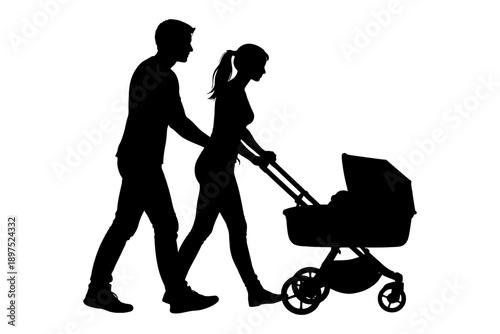 Silhouette of young caucasian male and female walking with baby stroller.