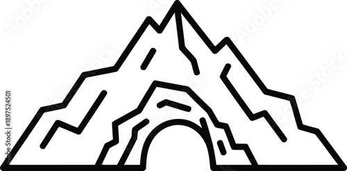 Simple line art icon of a mountain with a cave entrance