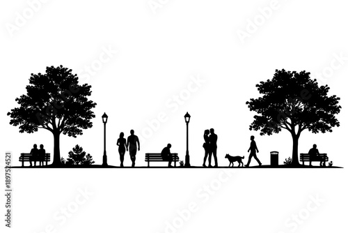 Silhouette of people in park with trees and lamps.