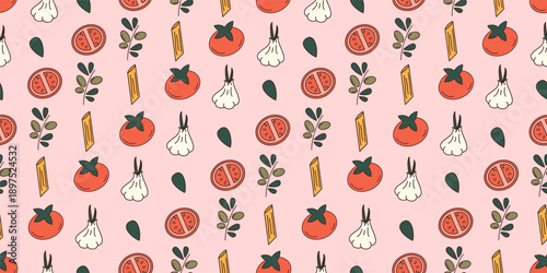 cute hand drawn horizontal seamless vector pattern illustration with pasta, garlic, olive, basil and tomatoes italian traditional food on pink background