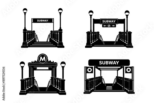 Subway entrances design: four variations of urban transport access points in black silhouettes.