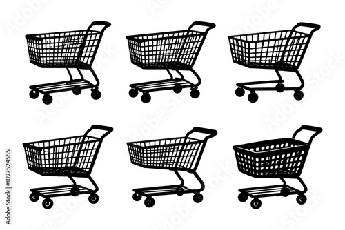 Black silhouette shopping carts on white background.