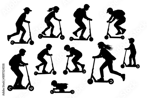 Silhouettes of diverse people riding kick scooters.
