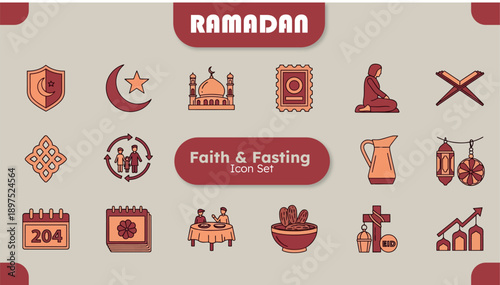 Collection of faith and fasting themed icons representing important elements of the sacred month of Ramadan celebration.