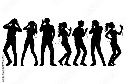 Silhouetted group of young adults listening to music on headphones.