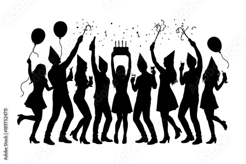Silhouette of young adults celebrating birthday with balloons and sparklers.