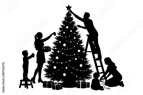 Family decorating christmas tree: silhouette of adults and children celebrating festive season.