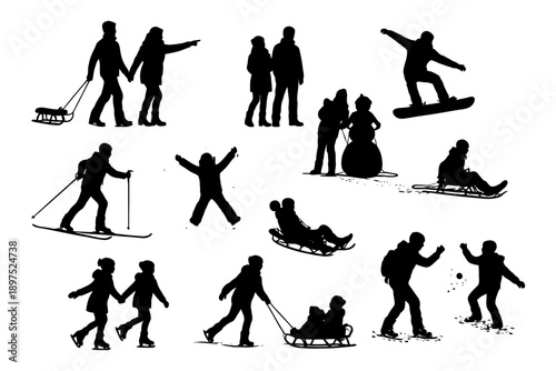 Silhouettes of winter activities: snowboarding, sledding, skiing, snowman building.