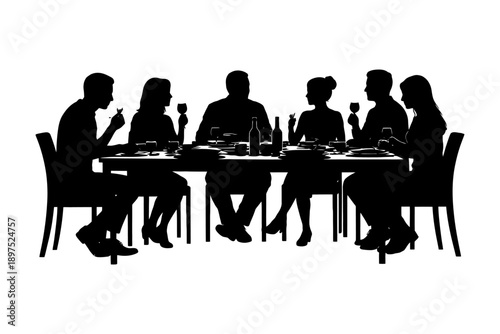 Silhouette of diverse adults dining and conversing at a table.