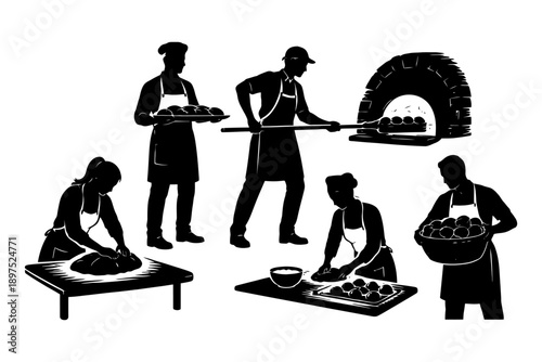Silhouette of diverse bakers in action with traditional oven and dough preparation.