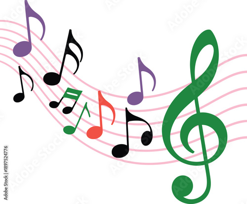 A colorful musical notes and treble clef on a staff
