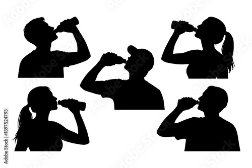 Silhouette group drinking water: diverse adults in hydration.