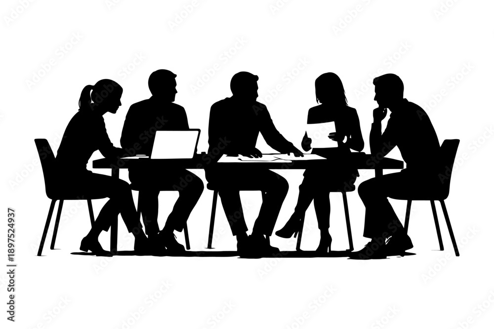 Fototapeta premium Business meeting silhouette with mixed group in discussion around table.