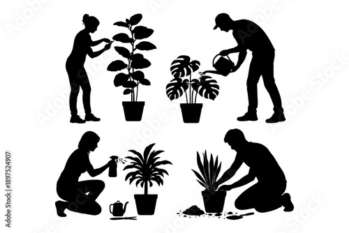 Silhouettes of men and women gardening indoors with potted plants.