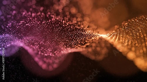 Abstract digital wave of glowing particles forming a dynamic neon surface in magenta, purple and orange hues against a dark background, evoking technology, data flow and energy