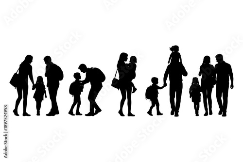 Silhouettes of diverse families with children walking together.