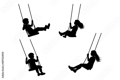 Silhouettes of children swinging: joyful playtime scene.