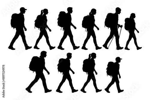 Silhouettes of diverse hikers with backpacks walking in various poses.