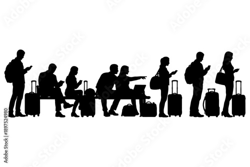 Silhouette of travelers with luggage waiting at station.