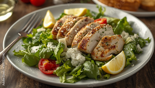 A delicious grilled chicken salad with fresh vegetables and lemon wedges