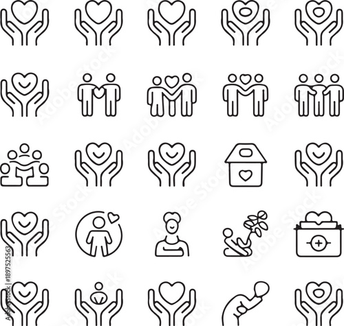 Charity editable stroke outline icons set. Donate, charity, solidarity, trust, social care, community, helping hands, partnership and help. Vector illustration
