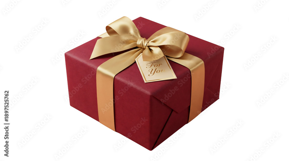 Fototapeta premium Luxury Gift Box with Gold Ribbon in Elegant Red Packaging on White Background for Holiday Gift