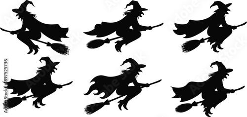 Set of Solid Black Witch Silhouettes Flying on Broomsticks with Pointed Hats and Capes for Halloween Party Invitations, Spooky Decorations, and Occult Graphic Designs
