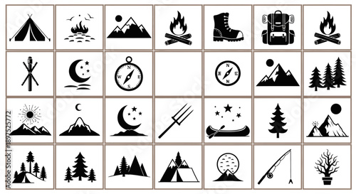 Collection of Black and White Camping and Outdoor Activity Icons on White Background