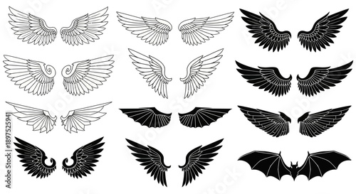 Diverse Collection of Angel and Bat Wing Designs on Isolated White Background, Detailed Vector Set