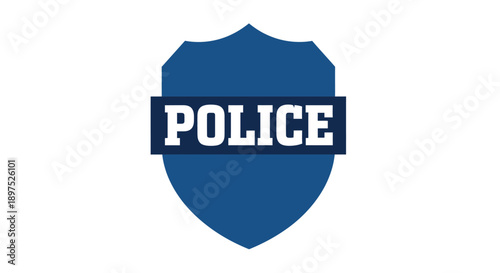 A blue police shield with the word police written in white letters